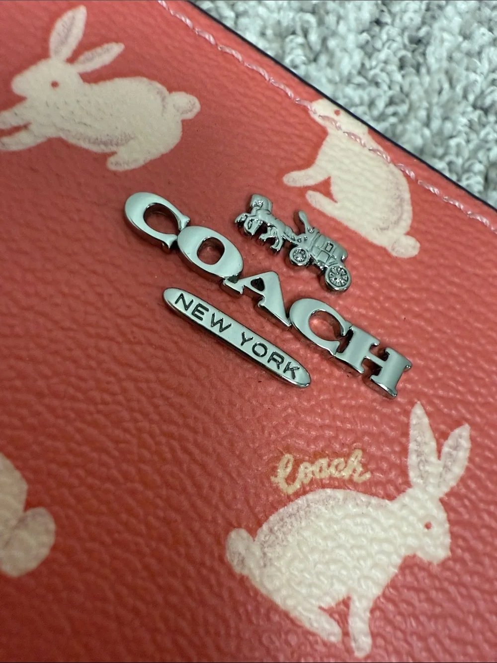 Coach Coral Zip Wristlet Wallet with Cream Bunny Print